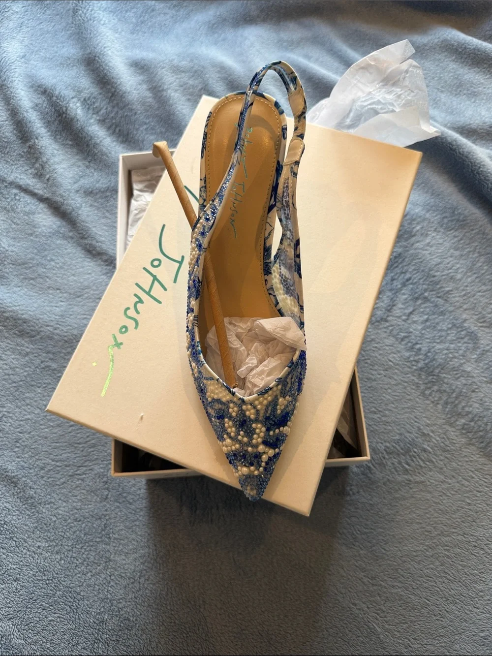 Betsey Johnson Blue Beaded Pointed Slingback Pump